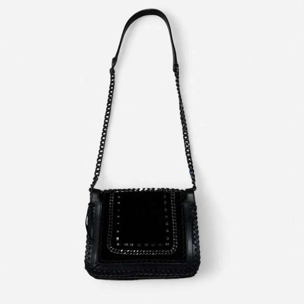 ZARA WOMAN Black Suede Leather Chain Strap Shoulder Bag‎ Crossbody